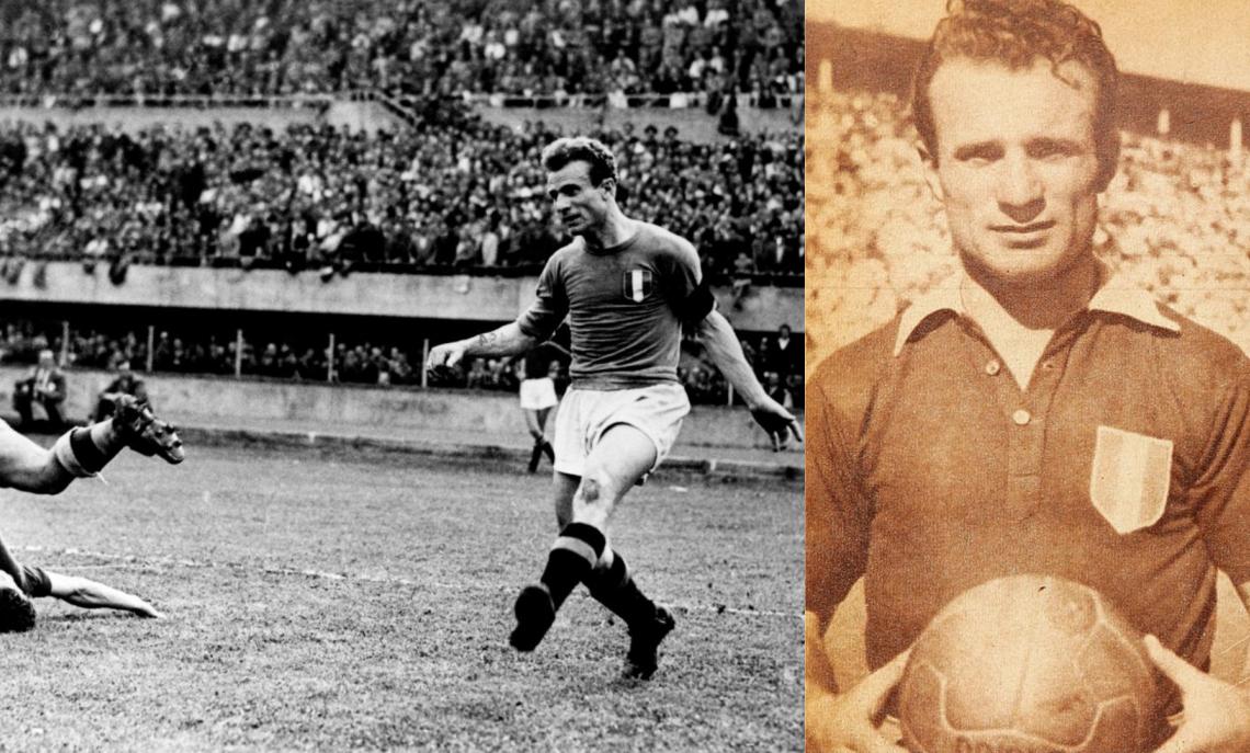 A sinistra Torino, 11 maggio 1947, Italia-Ungheria (3-2). Valentino Mazzola ha appena superato un avversario e si appresta a tirare; a destra Valentino con la maglia del Toro scudettata