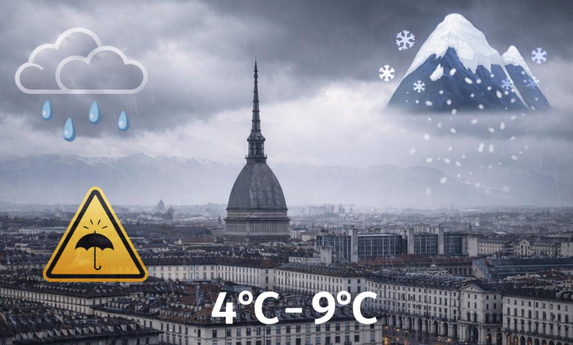 Meteo Piemonte, venerd&igrave; 16 gennaio 2026: cielo basso, pioggerella e neve in quota