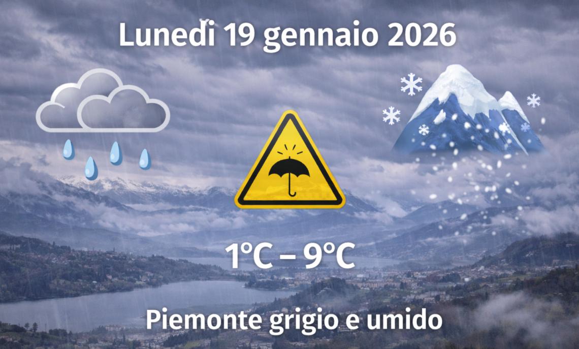 Meteo Piemonte, luned&igrave; 19 gennaio 2026: grigio di fondo, piogge leggere e freddo umido: giornata da giocare di fino