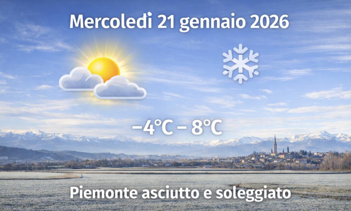 Meteo Piemonte, mercoled&igrave; 21 gennaio 2026: giornata pulita e asciutta: freddo al mattino, sole che aiuta nel pomeriggio