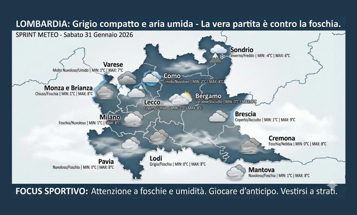 Meteo Lombardia, 31 gennaio 2026: grigio compatto e aria umida, oggi la vera partita &egrave; contro la foschia