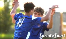 Under 14 Torneo delle Province 2025, Torino B-Asti 3-0: l'esultanza di Lorenzo Sena e Giorgio Quattroville per il primo gol (foto Cassarà)