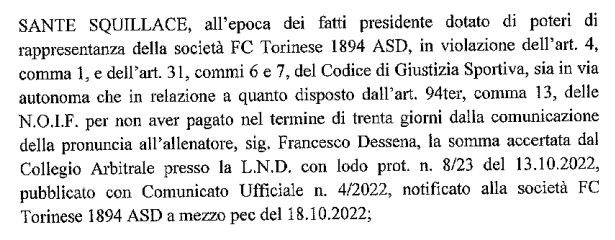 SANZIONE TORINESE VS DESSENA