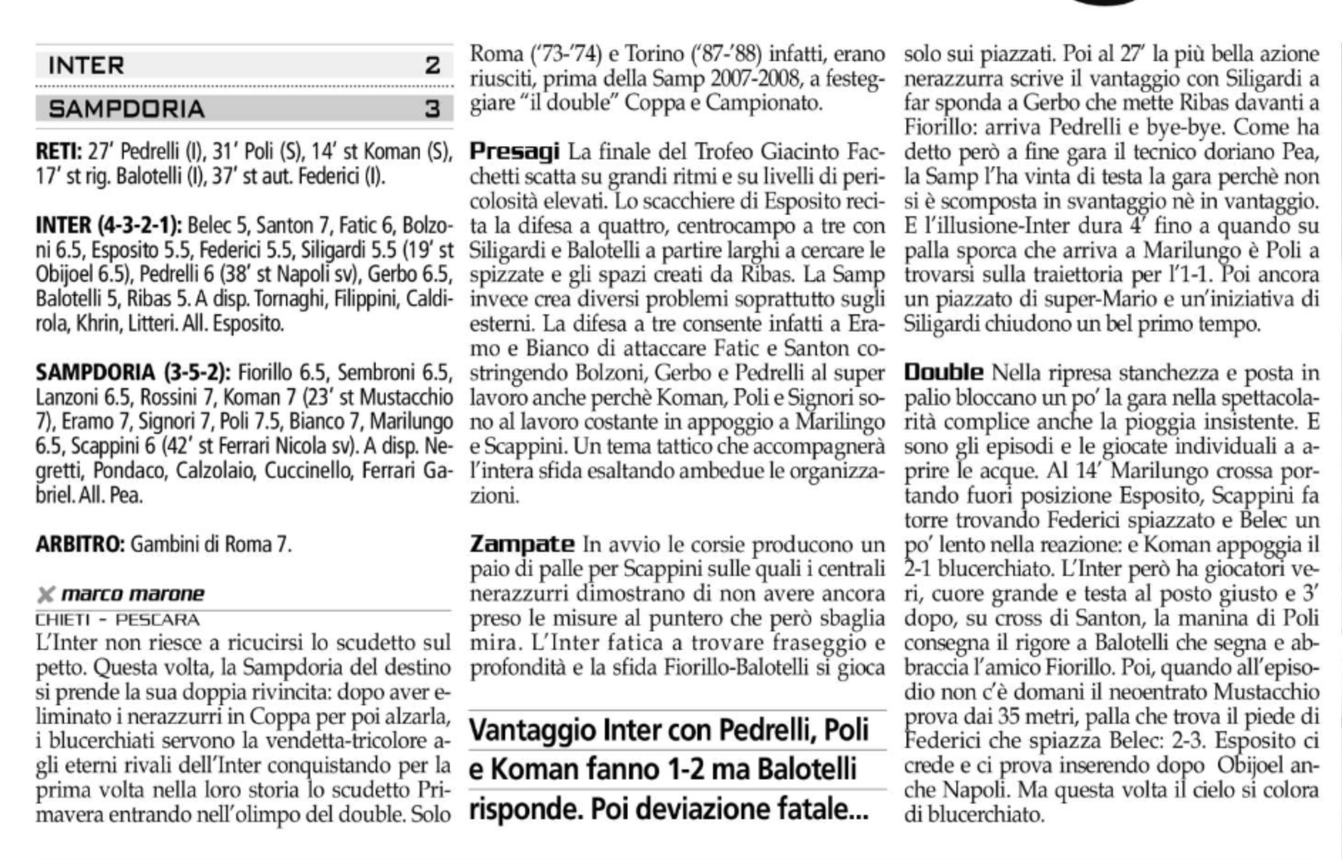 INTER-SAMPDORIA PRIMAVERA - L'articolo di Sprint e Sport del 9 giugno 2009