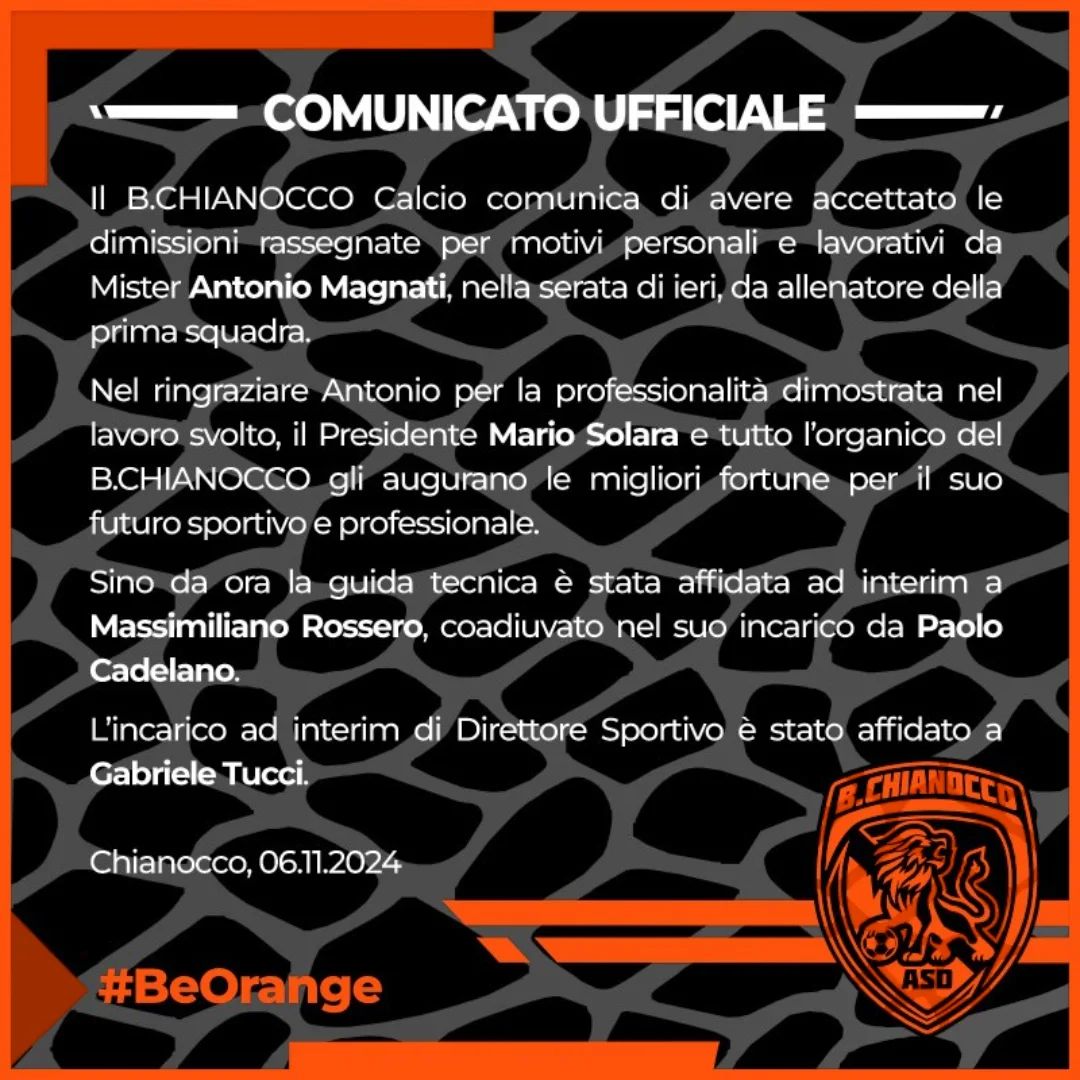COMUNICATO DIMISSIONI CHIANOCCO